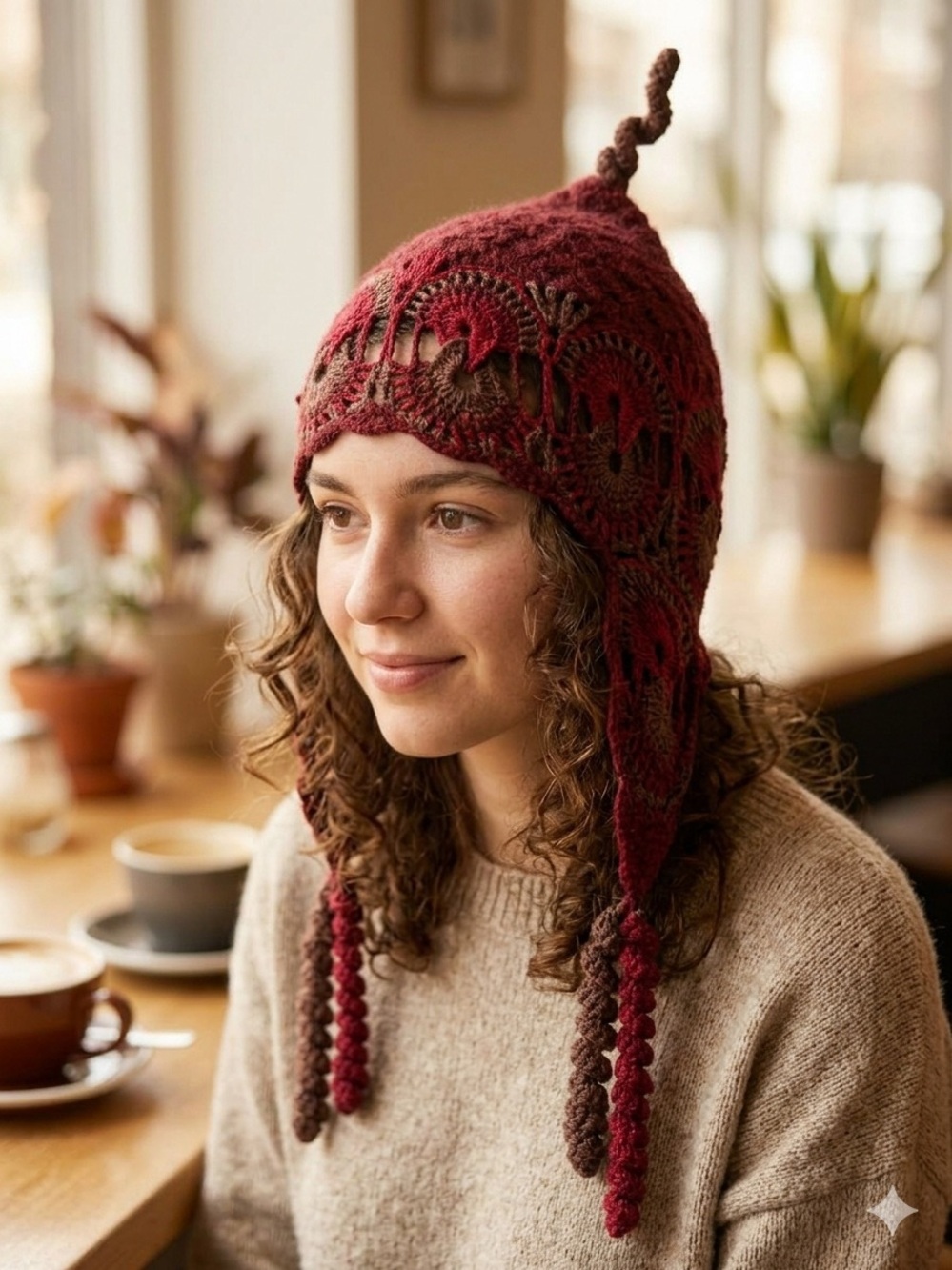 Handmade Irish Crochet Lace Bonnet Burgundy Boho Hat OS EUC